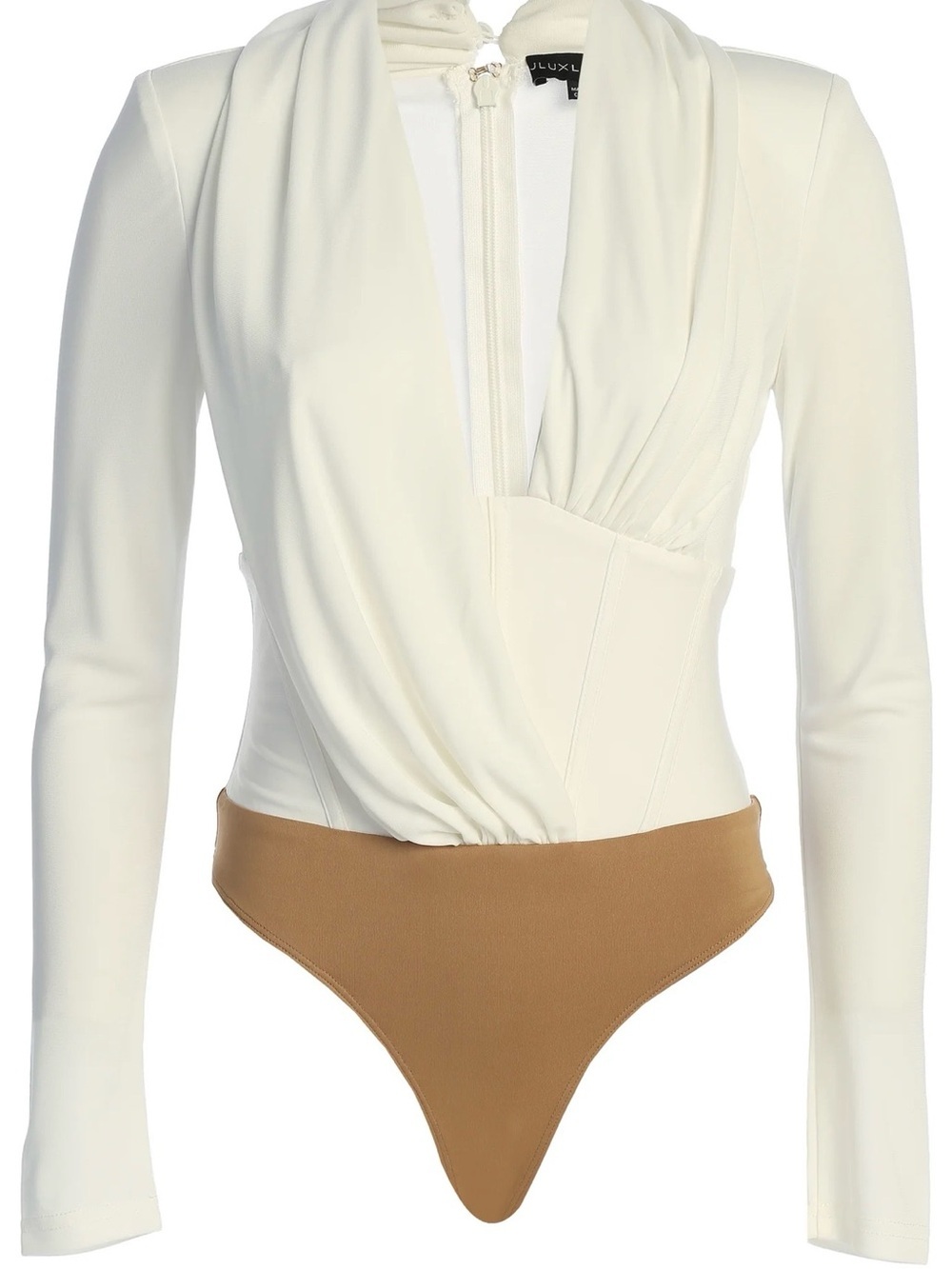JLUXLABEL White Draped Long-Sleeve Bodysuit with Brown Contrast